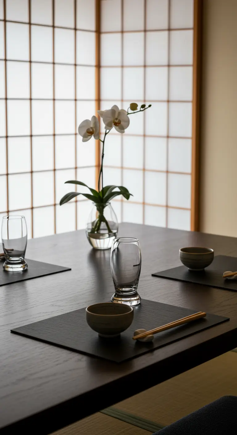 Table de style japonais minimaliste avec des verres bas, une orchidée et un paravent en arrière-plan.