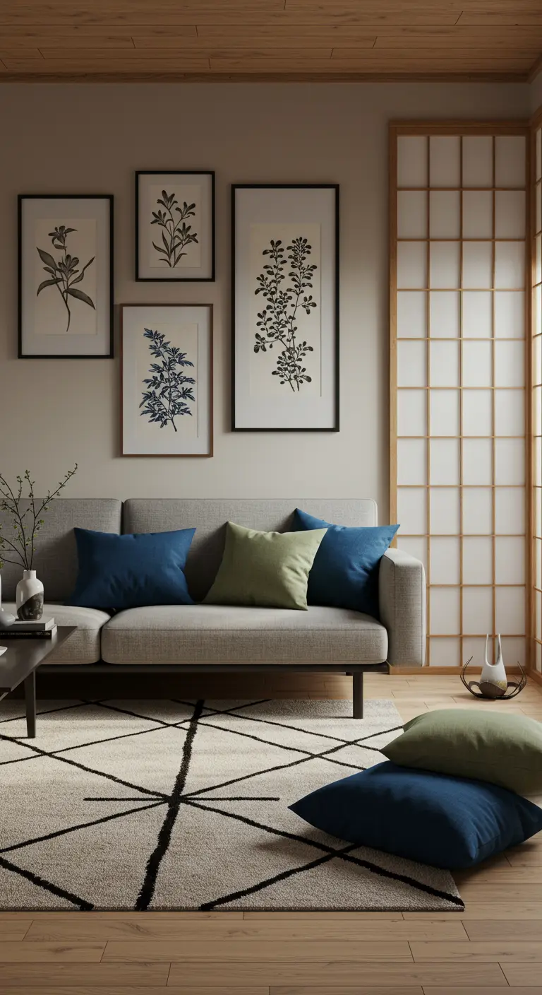 Salon de style Japandi avec des estampes botaniques, un tapis berbère et une cloison Shoji.