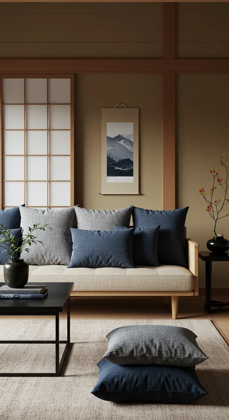 Canapé beige de style japonais avec des coussins de différentes teintes de bleu indigo.