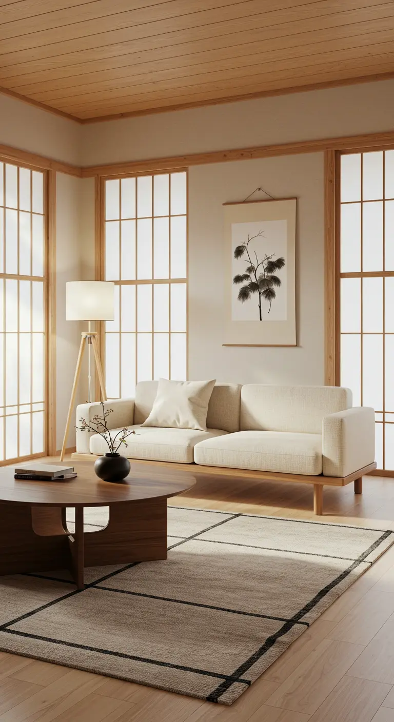 Salon minimaliste de style Japandi avec canapé beige, table basse ronde et cloisons en bois clair.