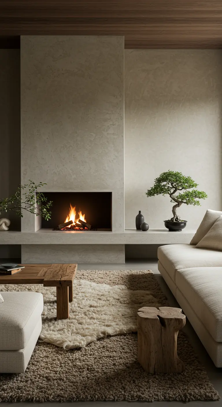 Salon minimaliste Japandi avec cheminée en béton, tapis texturé et bonsaï.