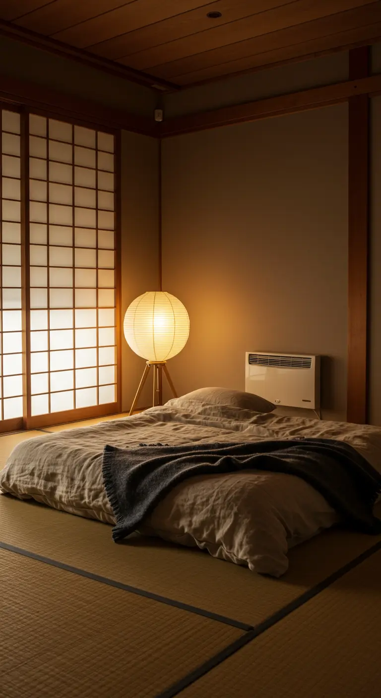 Chambre minimaliste de style japonais avec futon, tatamis et lanterne en papier.