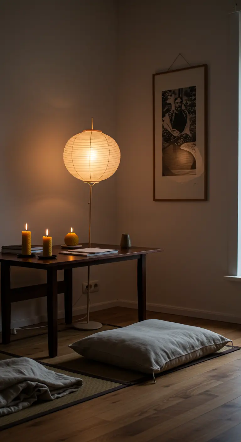 Espace de travail au sol de style japonais, avec table basse, coussin et lampe en papier de riz.