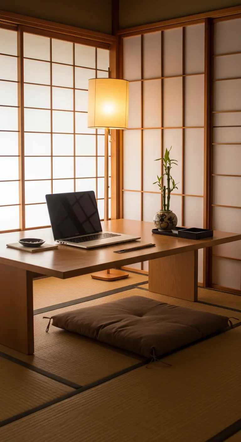 Bureau bas de style japonais sur un sol en tatami avec un coussin de sol.