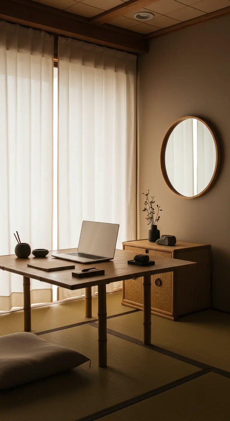 Bureau bas de style japonais avec un miroir rond et des voilages clairs.