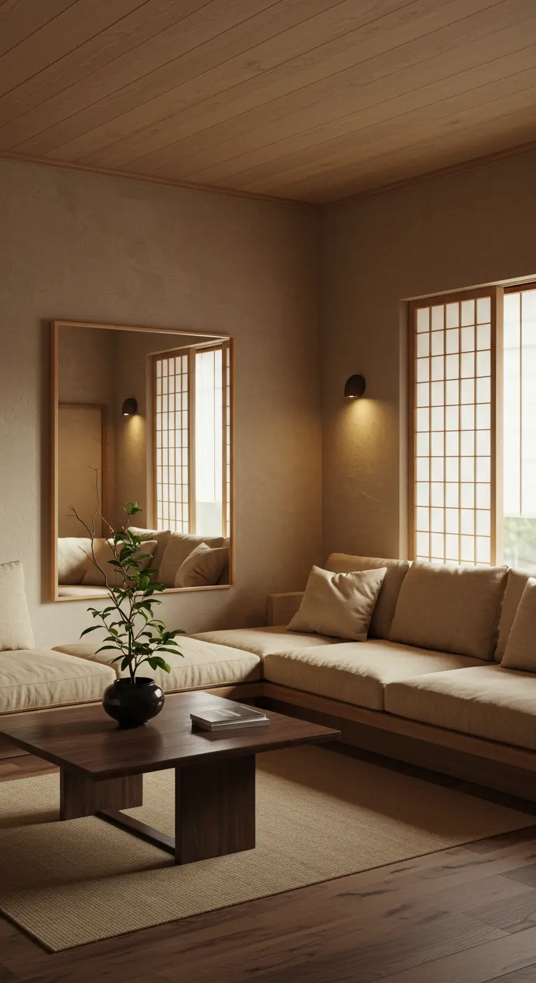 Grand miroir encadré de bois clair sur un mur beige, reflétant une fenêtre shoji.