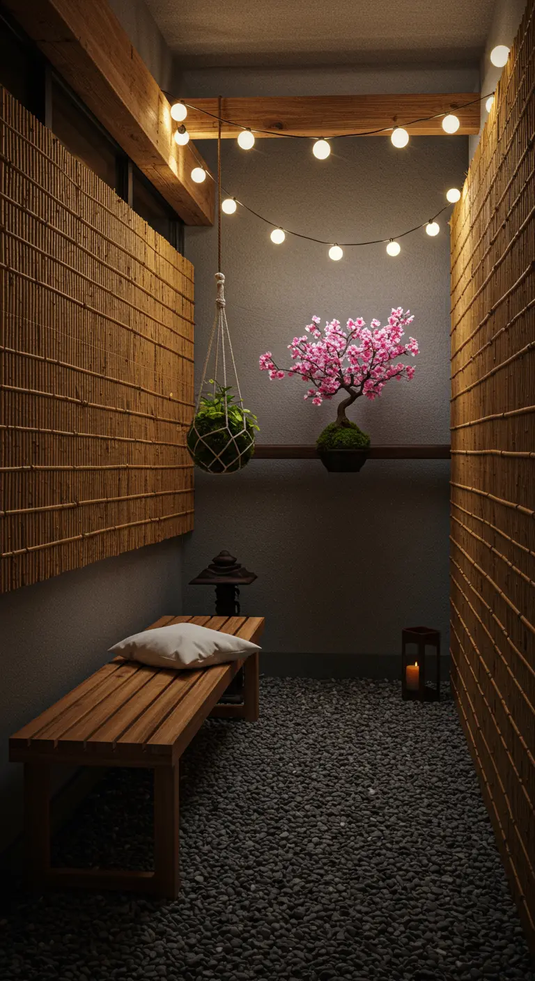 Petit balcon zen avec banc en bois, bambou, bonsaï et lumières douces.