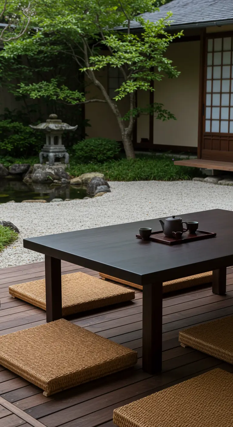 Table basse de style japonais avec des coussins de sol dans un jardin zen.