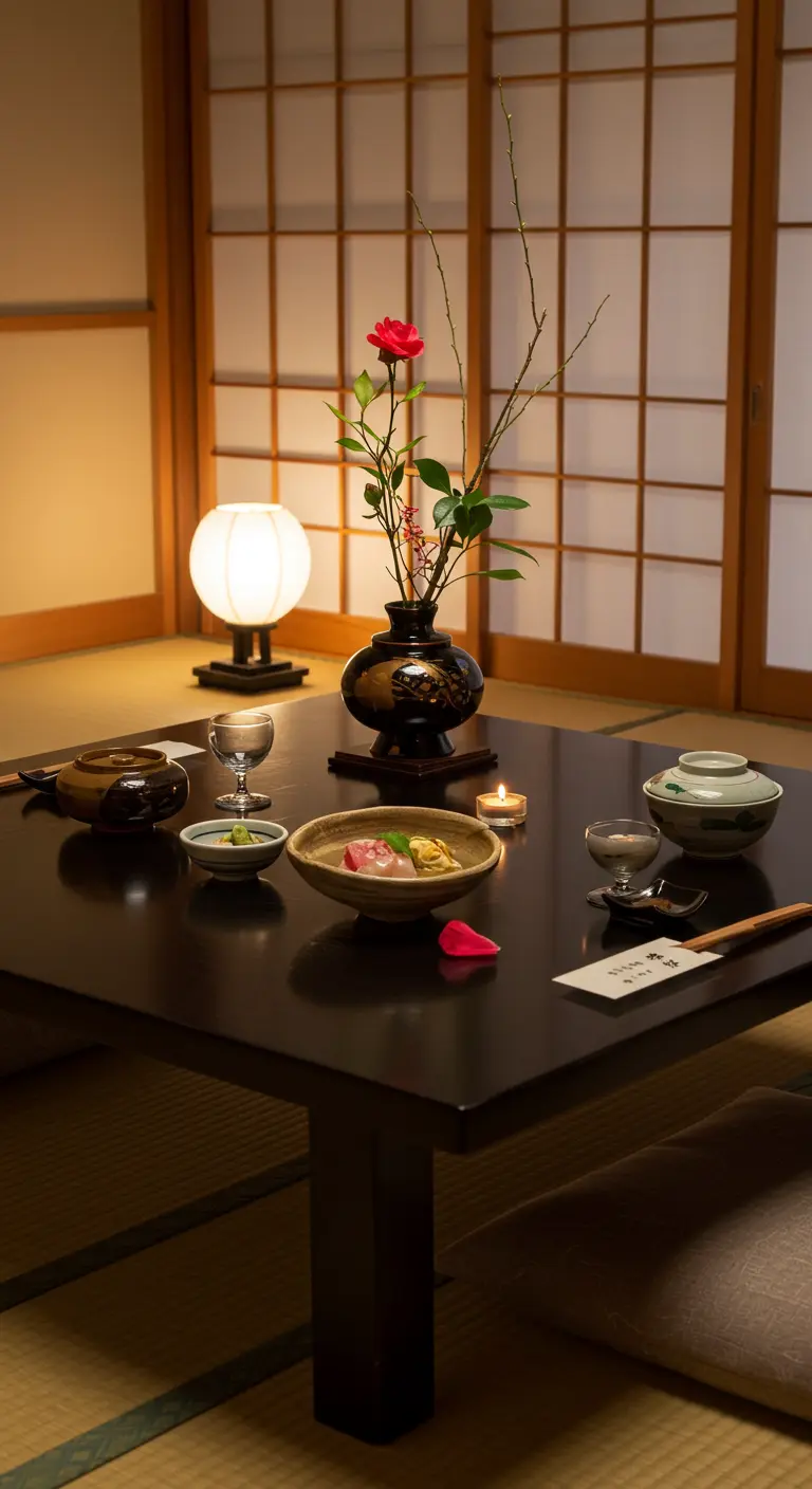 Table de dîner basse de style japonais avec une composition florale Ikebana et une lumière tamisée.