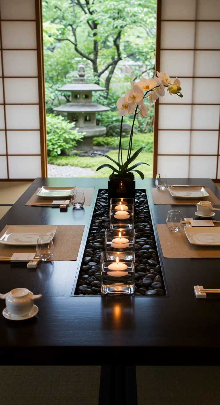 Table de style japonais avec centre de table de galets noirs et bougies flottantes.