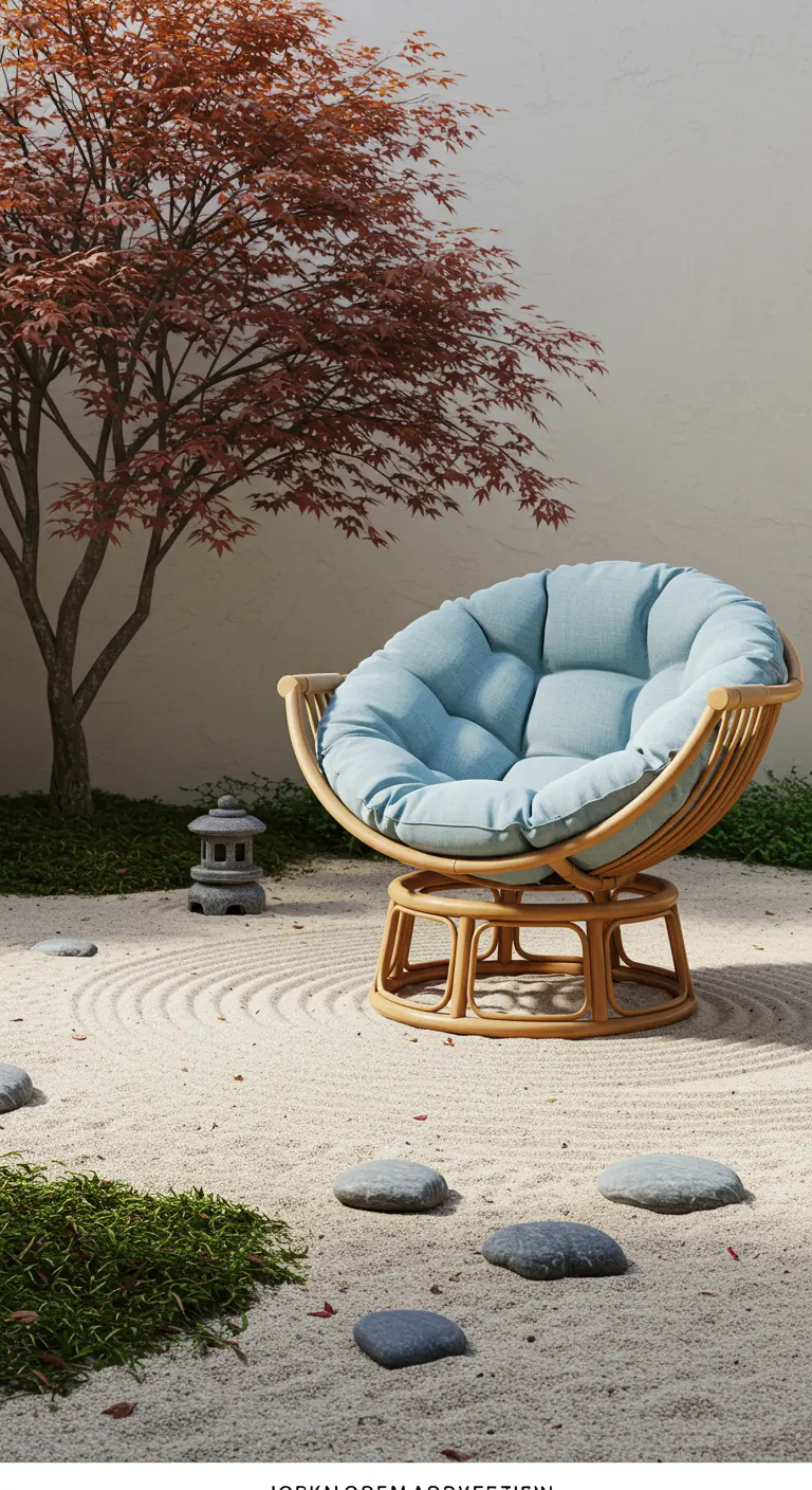 Fauteuil papasan bleu clair dans un jardin zen avec sable ratissé, pierres et érable japonais.
