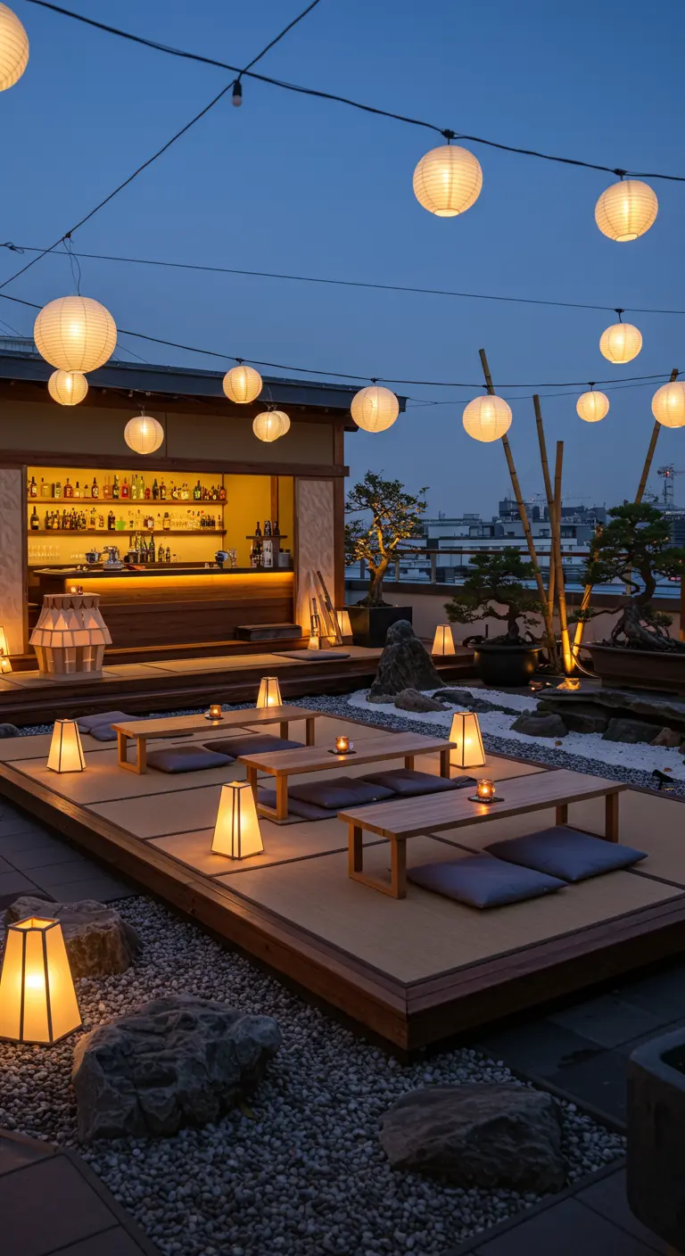Rooftop japonais avec tatamis, tables basses, lampions en papier et lanternes au sol.