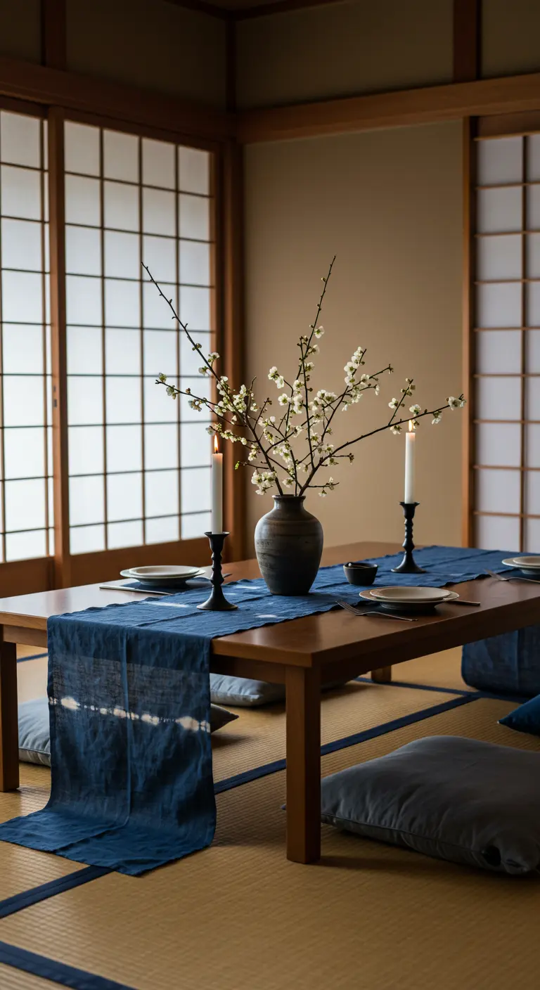 Table basse japonaise avec chemin de table indigo et arrangement floral ikebana.