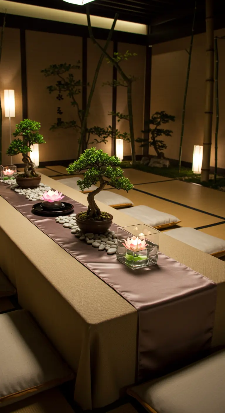 Table basse japonaise avec chemin de table satiné, bonsaïs et fleurs de lotus.