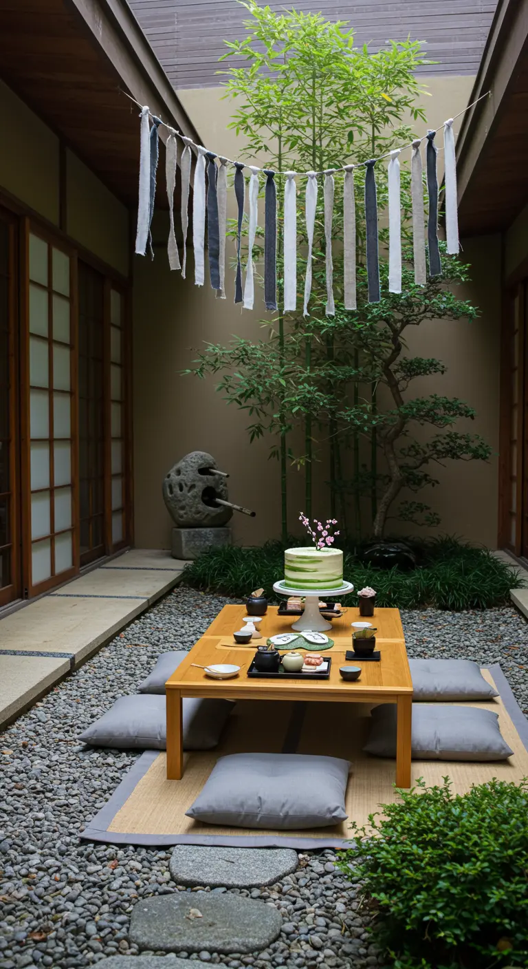 Guirlande de rubans en tissu écru, gris et noir dans une cour zen japonaise.