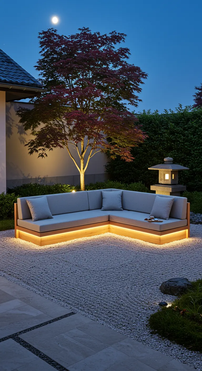 Canapé d'angle gris clair avec LED chaudes dans un jardin zen avec érable japonais.