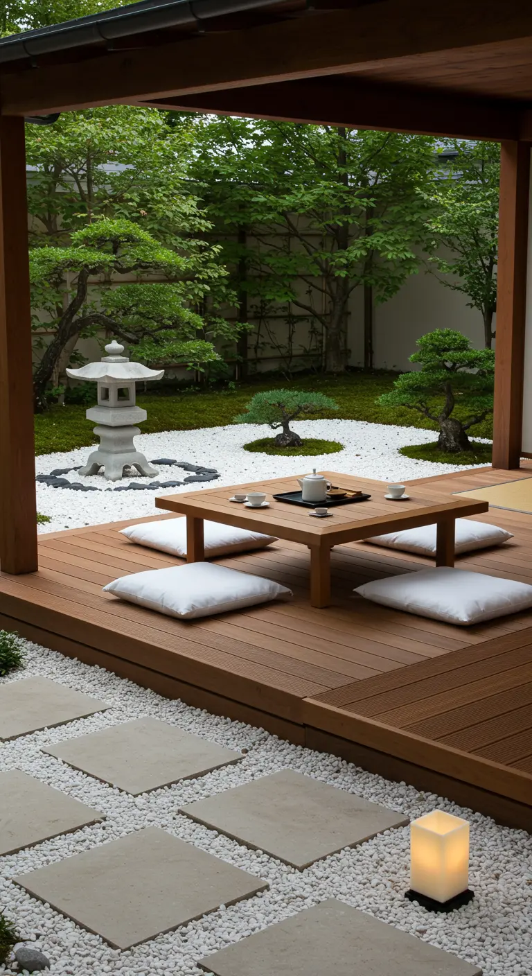 Jardin japonais avec table basse en bois, coussins blancs, galets et lanterne en pierre.