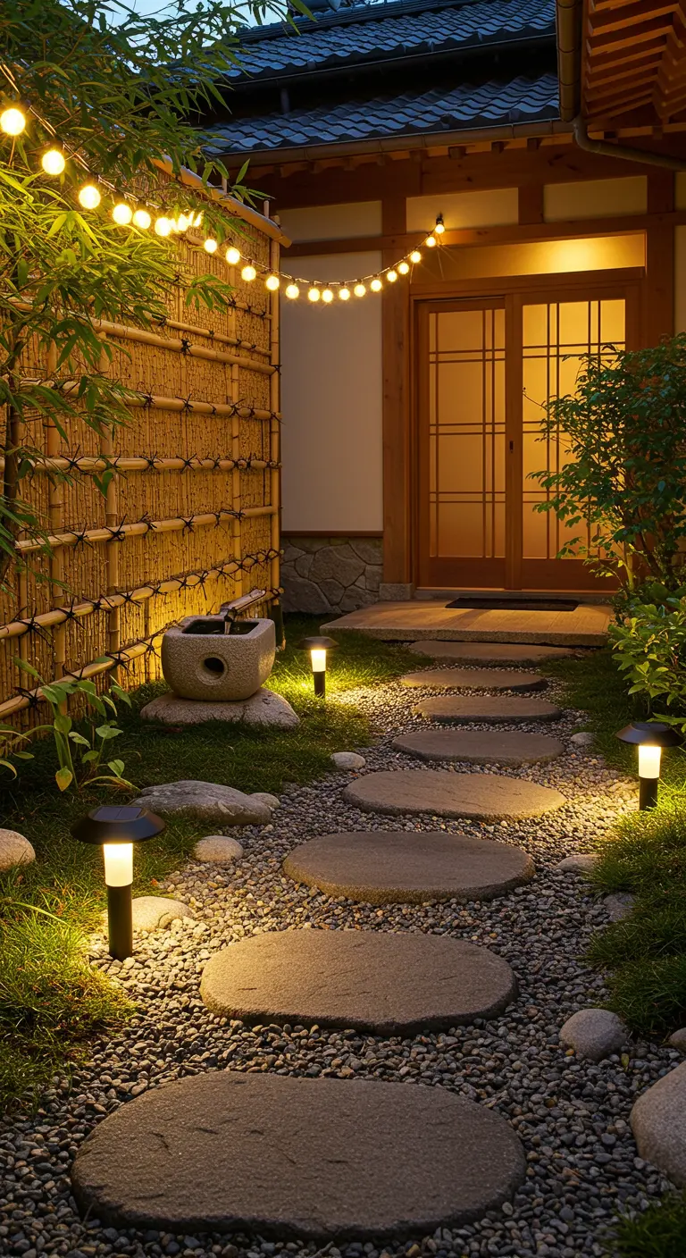 Jardin japonais avec chemin de pas japonais, fontaine en pierre et lumières tamisées sous une haie de bambou.