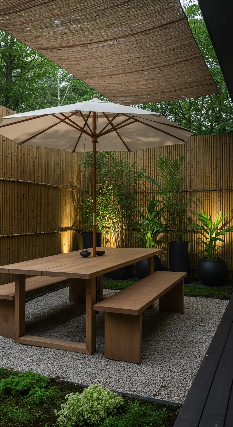 Terrasse zen avec clôture en bambou, zone de gravier et mobilier en bois minimaliste.