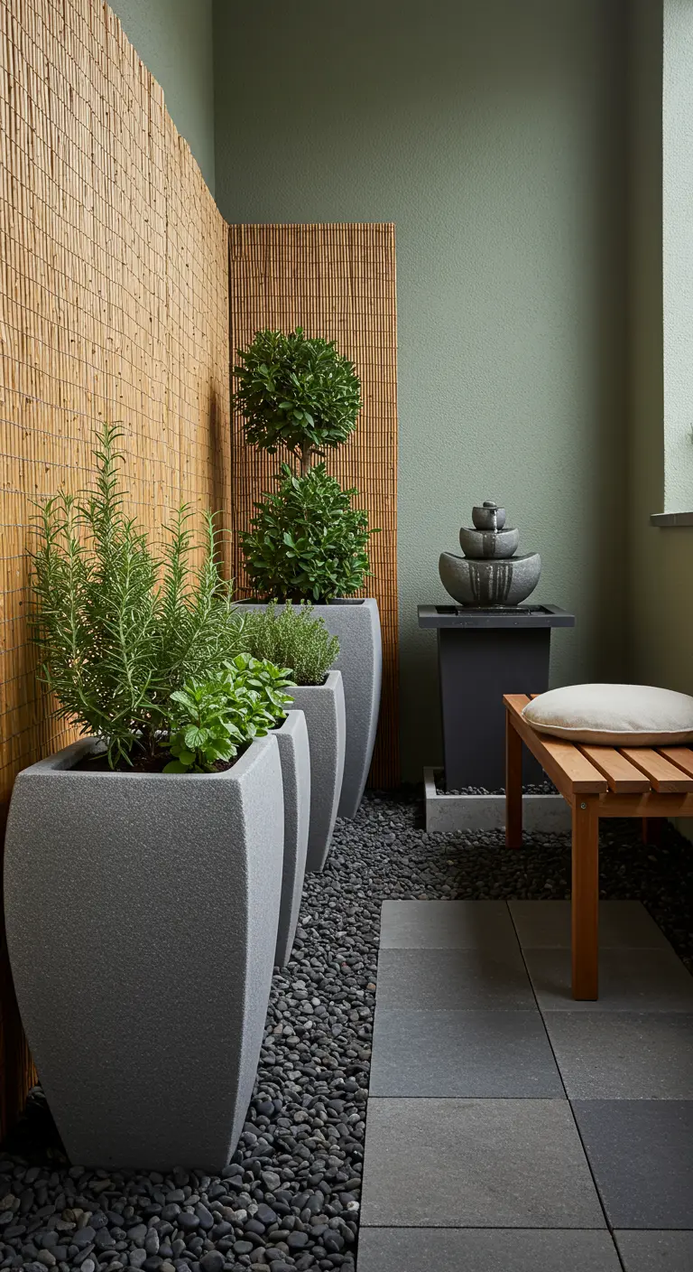Balcon zen avec hauts pots gris d'herbes, un paravent en bambou et une petite fontaine.