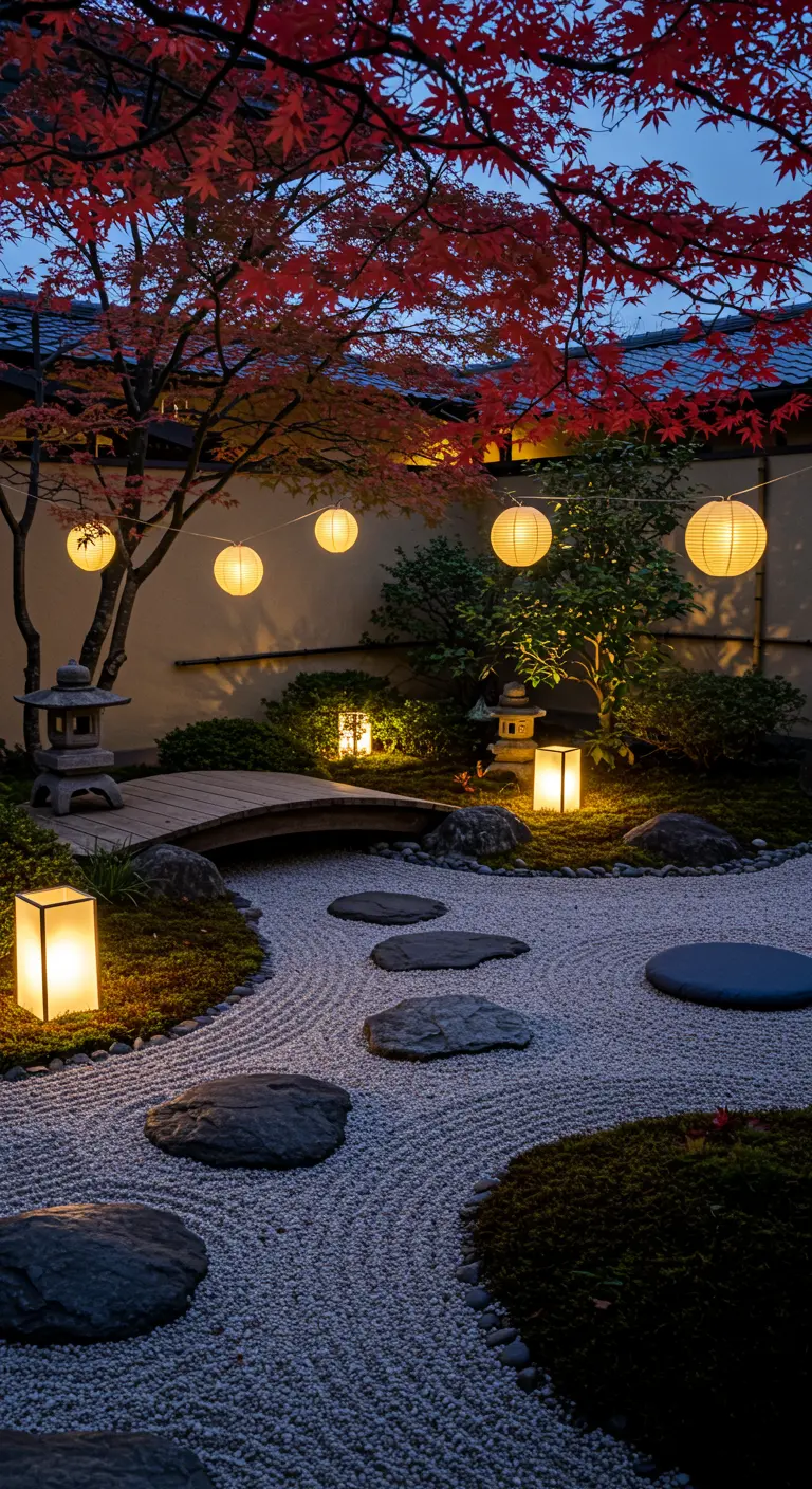Jardin japonais avec pont en bois, érable rougeoyant, lanternes en papier suspendues et carrées au sol.