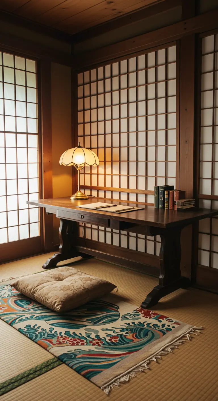 Bureau bas de style japonais avec un coussin de sol, dans une pièce avec des tatamis et des cloisons shōji.