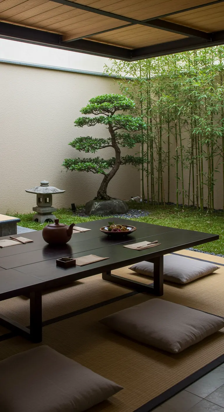 Table basse de style japonais dans une cour intérieure avec un bonsaï.