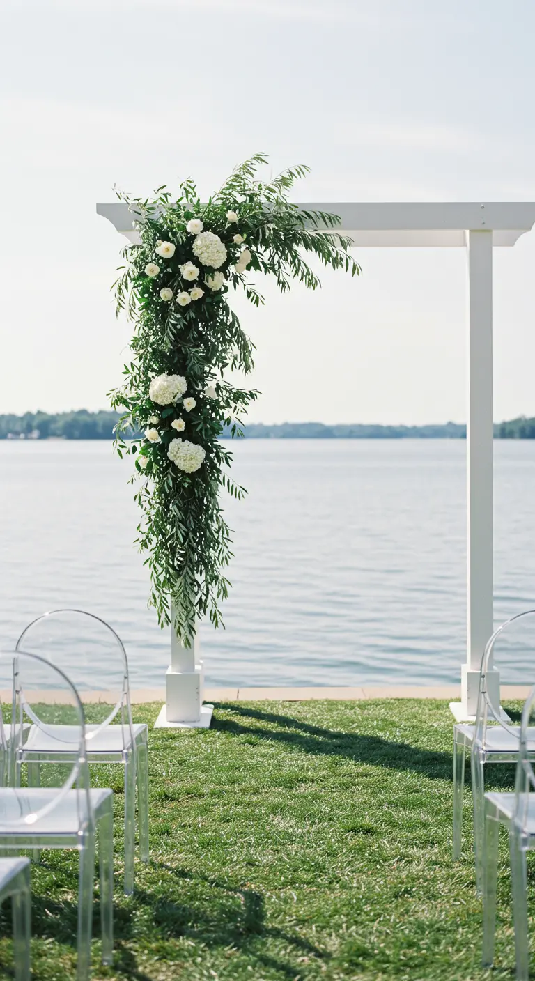 Arche blanche minimaliste avec une composition florale asymétrique de feuillage vert et fleurs blanches au bord d'un lac.