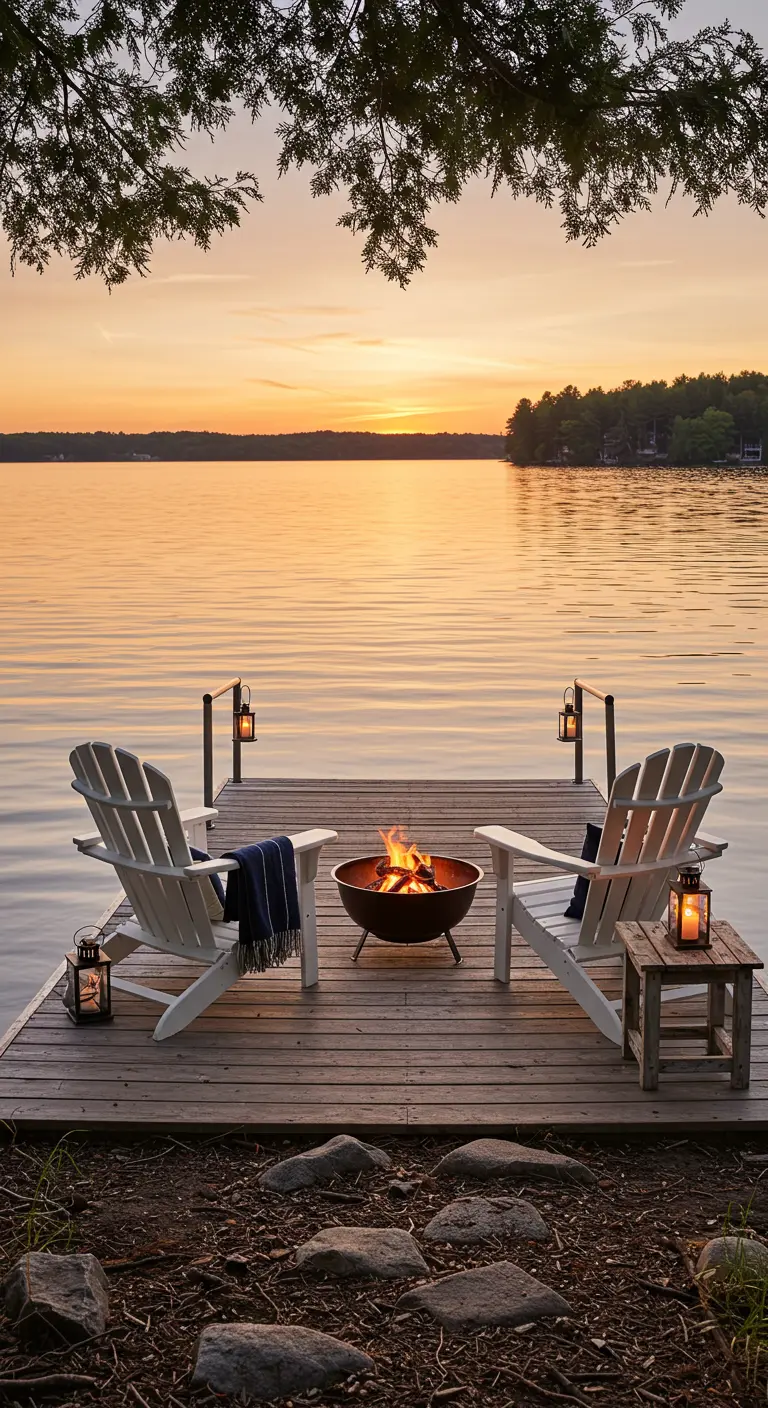 Ponton en bois au bord d'un lac avec fauteuils Adirondack blancs, brasero et lanternes au coucher du soleil