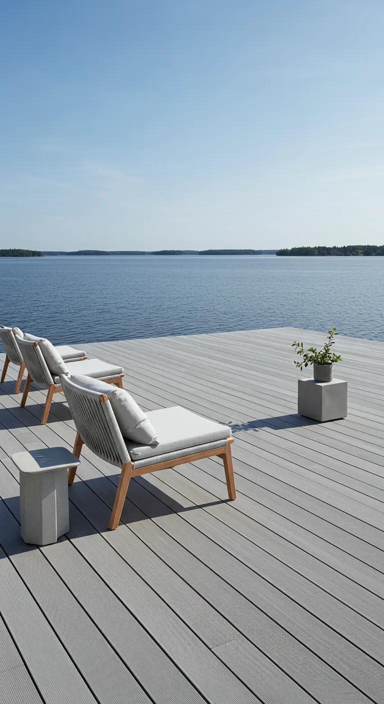 Trois chaises longues minimalistes en bois clair et corde grise, des tables d'appoint en béton et une petite plante sur un ponton en bois, face à un lac.