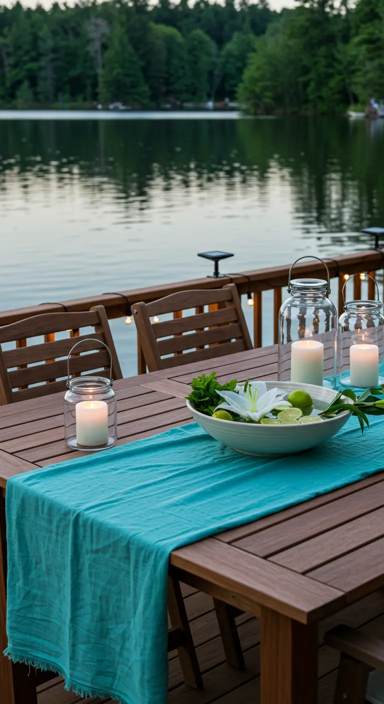 Table en bois près d'un lac avec chemin de table turquoise, lis blancs et grandes lanternes à bougies.