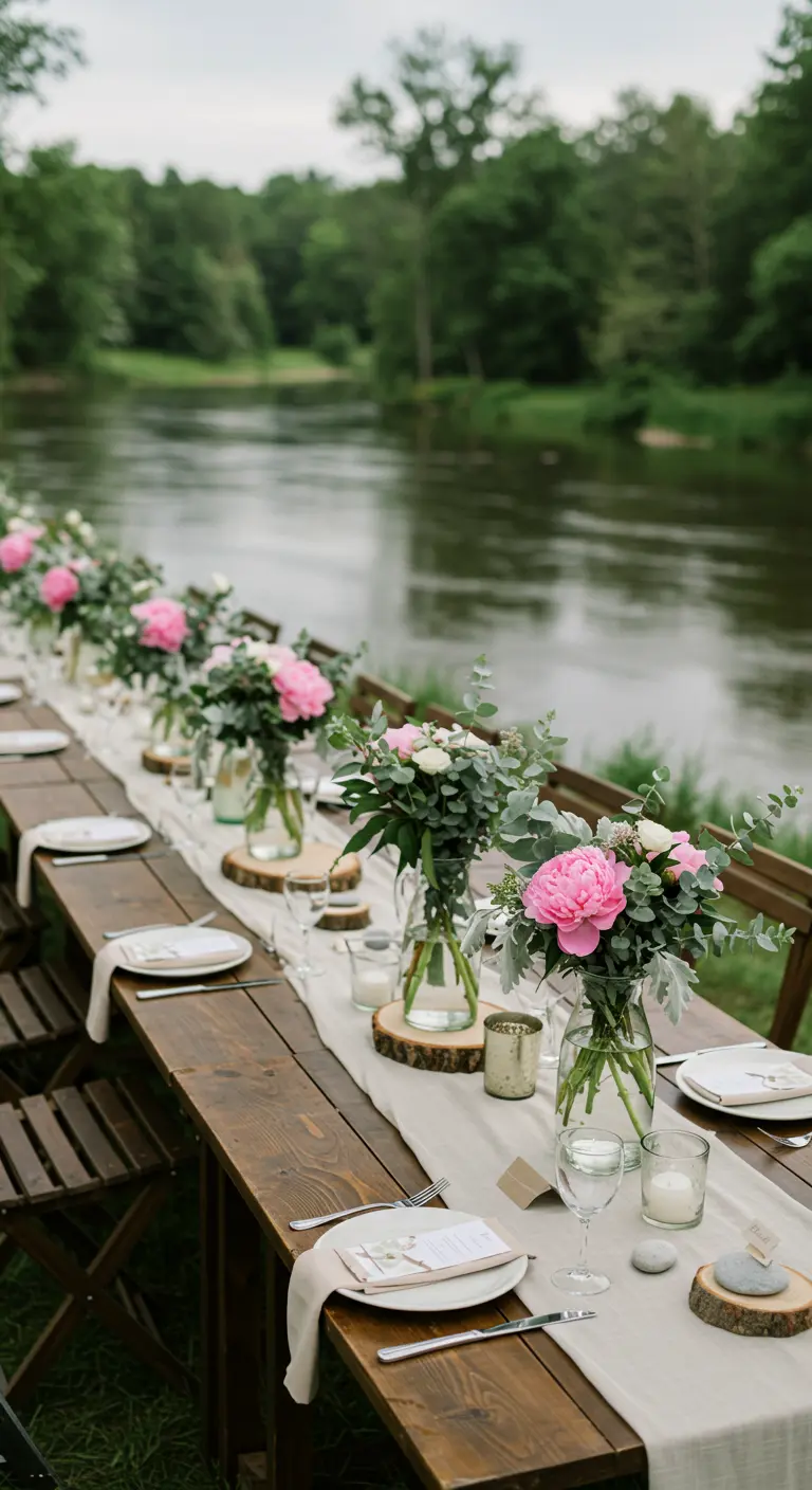 Longue table de mariage en bois au bord d'un lac, pivoines roses, eucalyptus, rondins de bois et bougies.