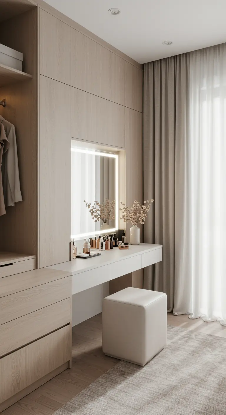 Coiffeuse minimaliste en bois clair et blanc, miroir lumineux intégré et tabouret épuré.