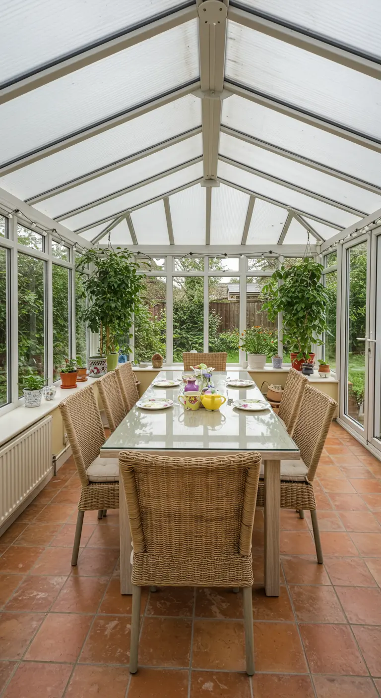 Salle à manger en véranda avec chaises en rotin et vaisselle jaune vif.