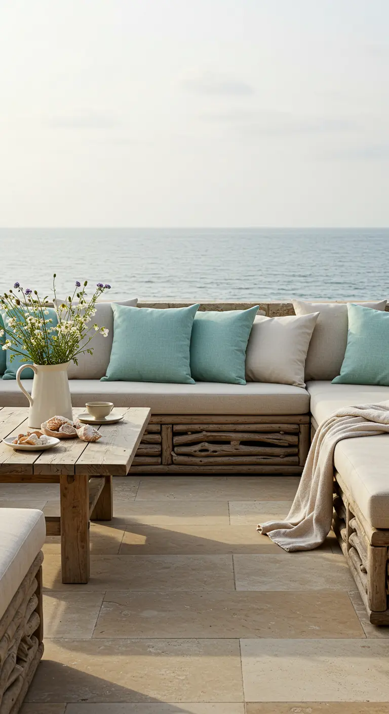 Banquette en bois clair avec coussins turquoise sur terrasse côtière vue mer.