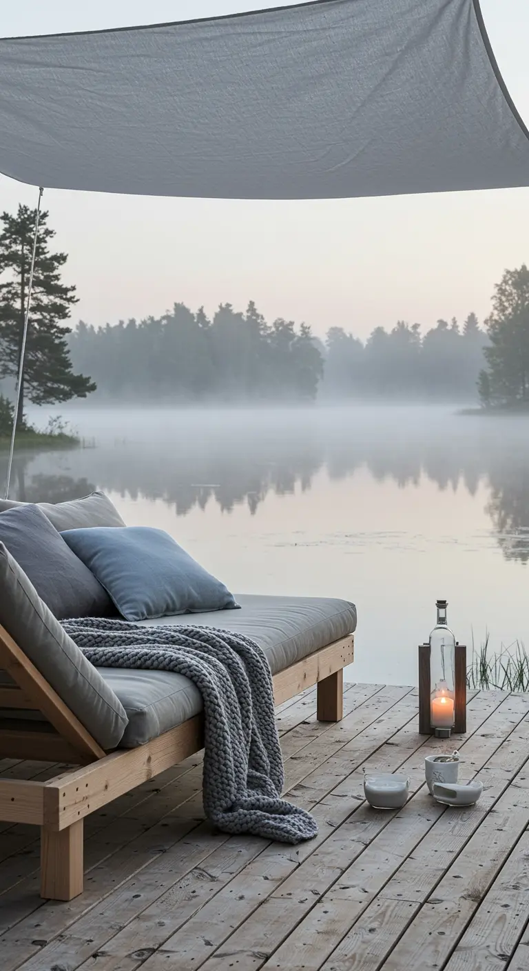 Lit de jour en bois au bord d'un lac brumeux