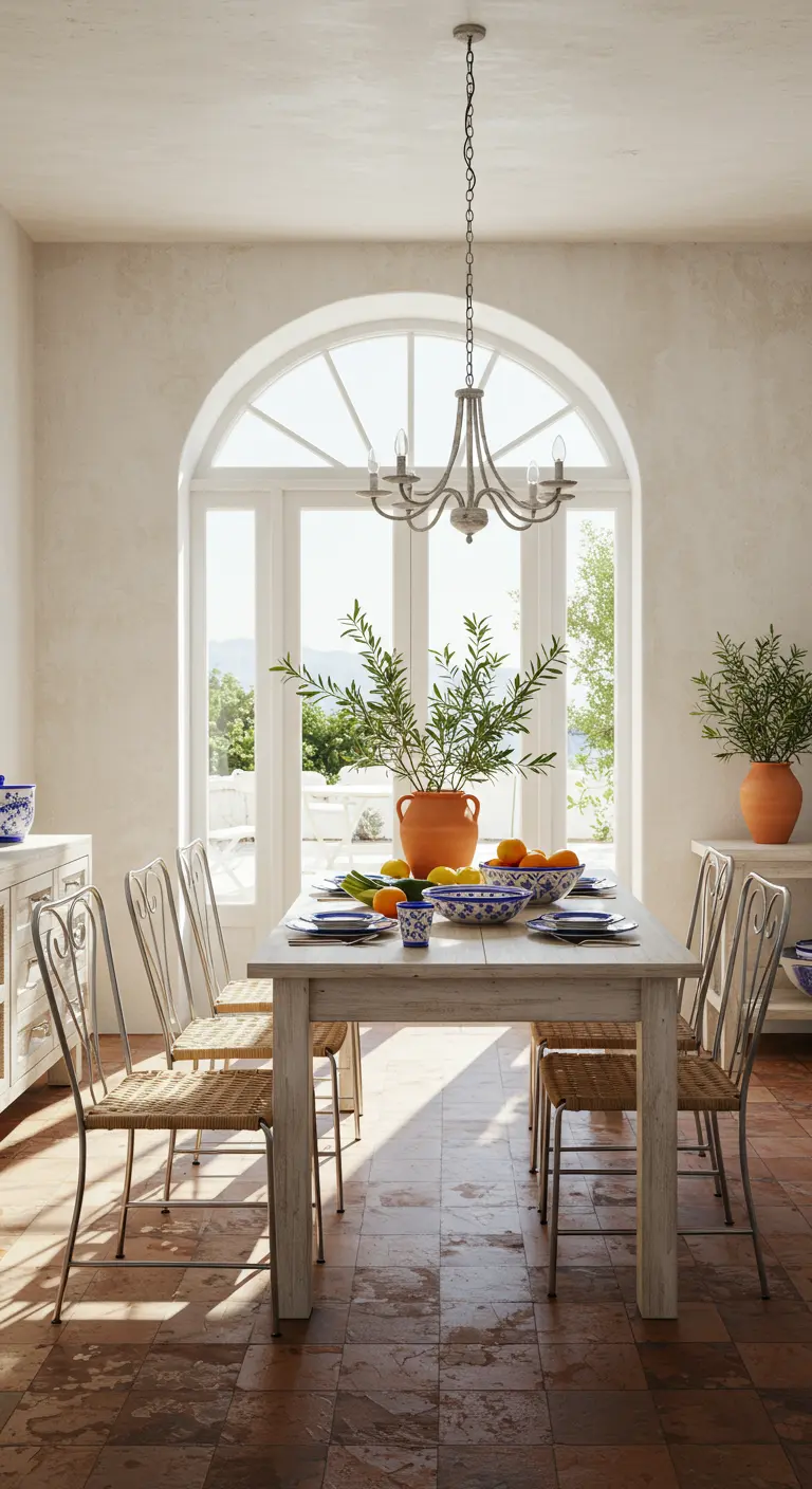 Table élégante avec vaisselle bleue et blanche, pichet en terre cuite et branches d'olivier.