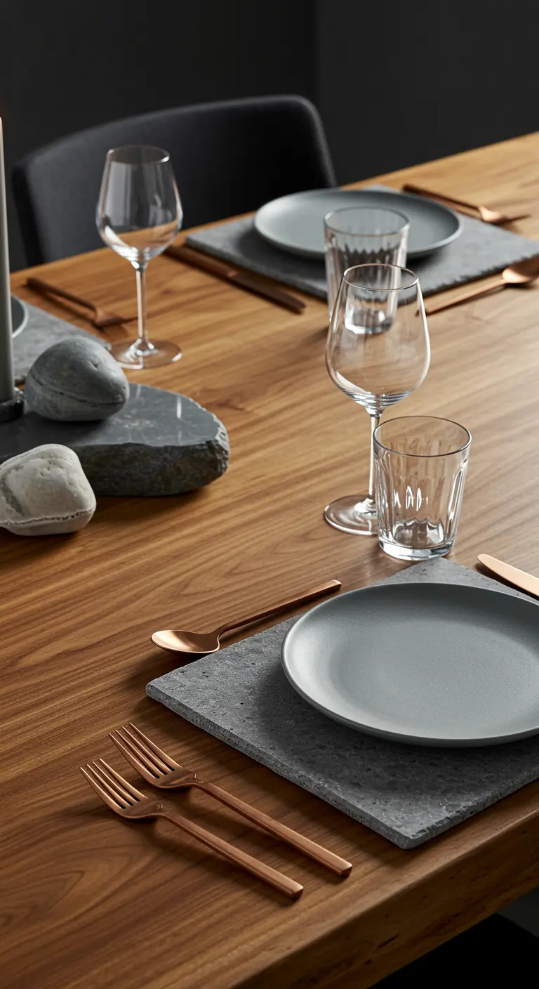 Table en bois avec des sets en ardoise, des galets et de la vaisselle grise.