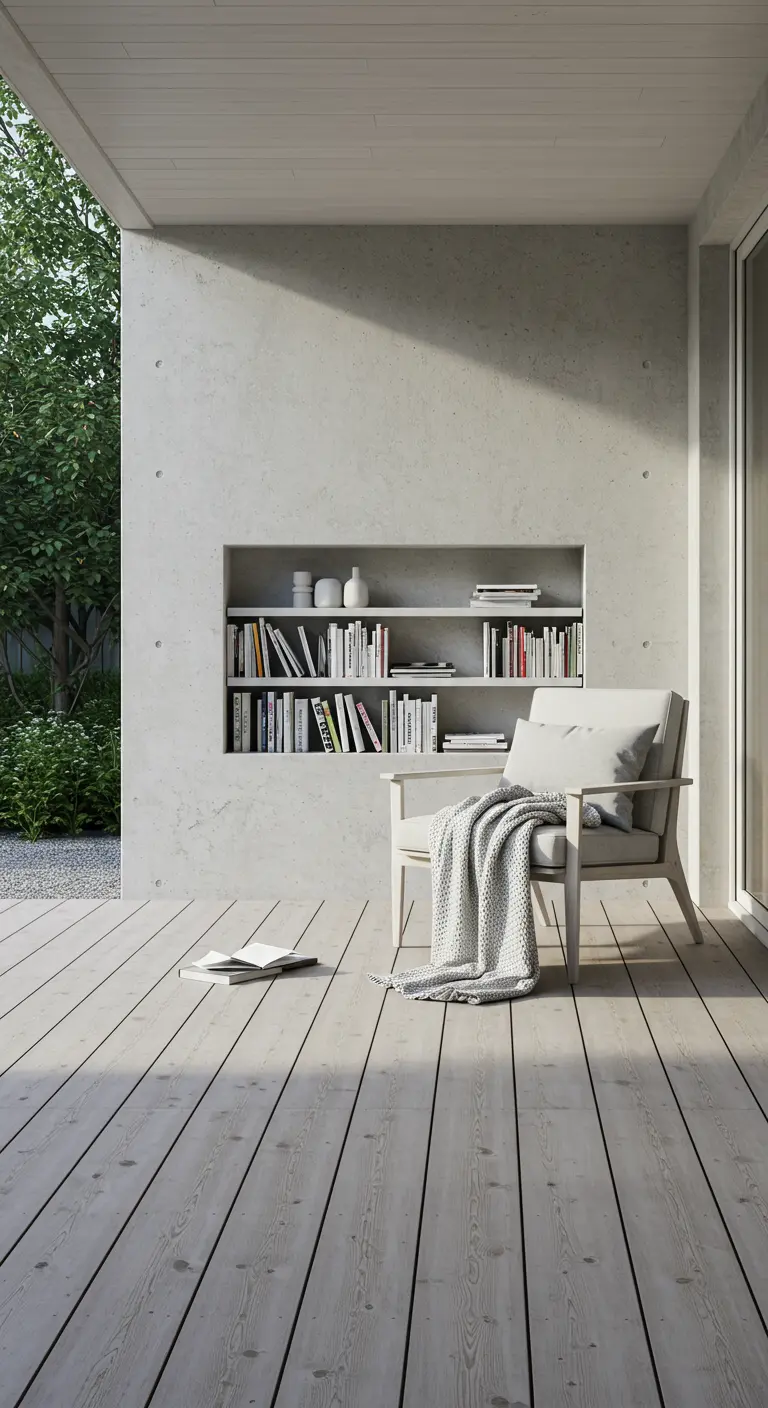 Niche de bibliothèque en béton sur une terrasse minimaliste en bois.