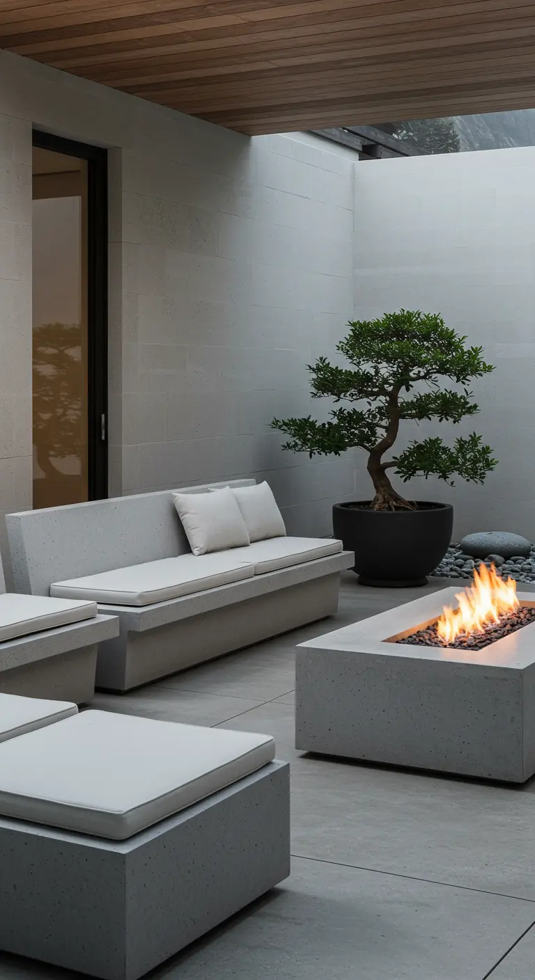 Cour intérieure minimaliste avec banquettes en béton, coussins blancs, foyer au gaz, et un bonsaï.