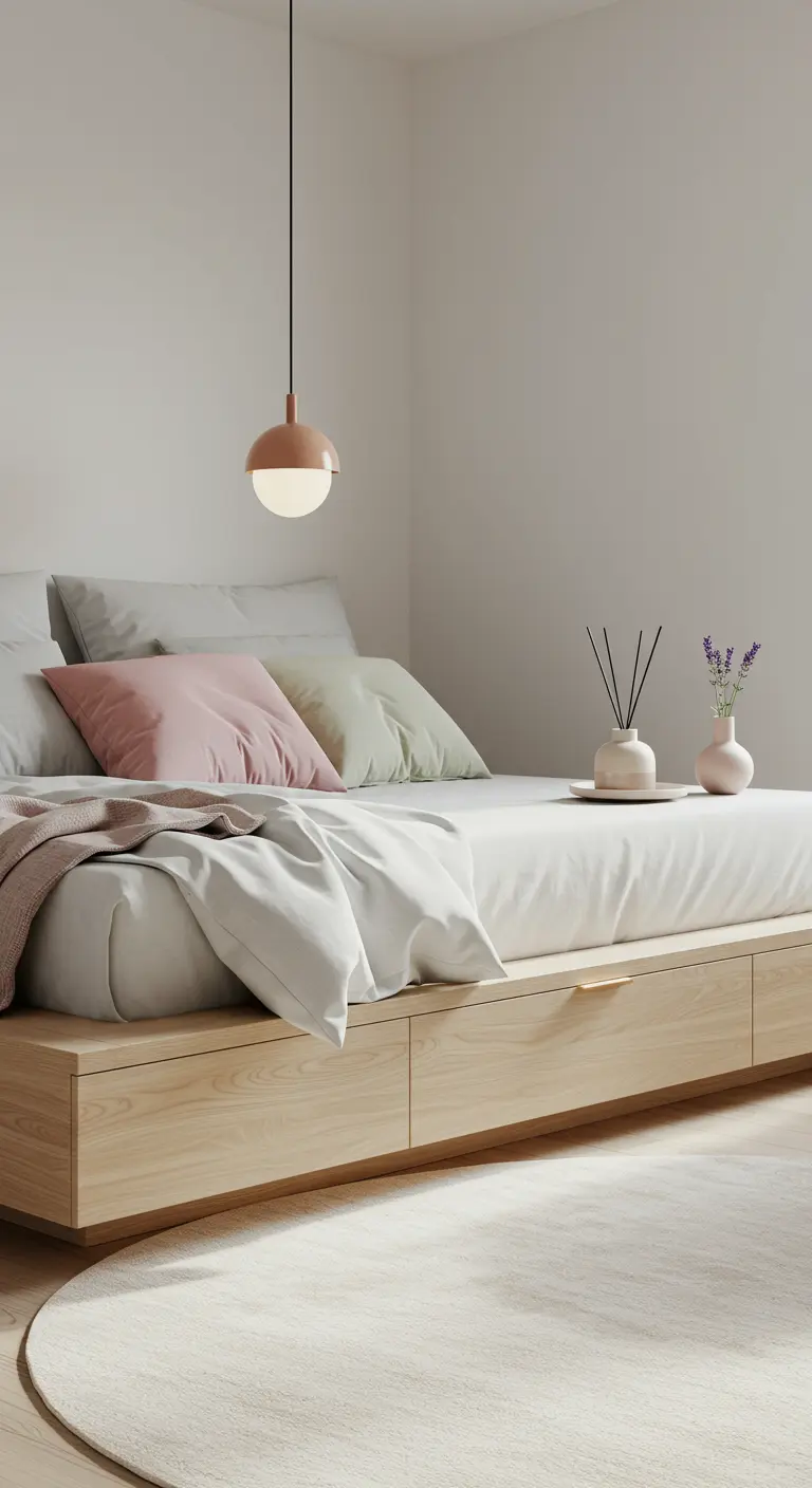 Chambre minimaliste avec lit plateforme, coussins pastel et diffuseur d'arômes.