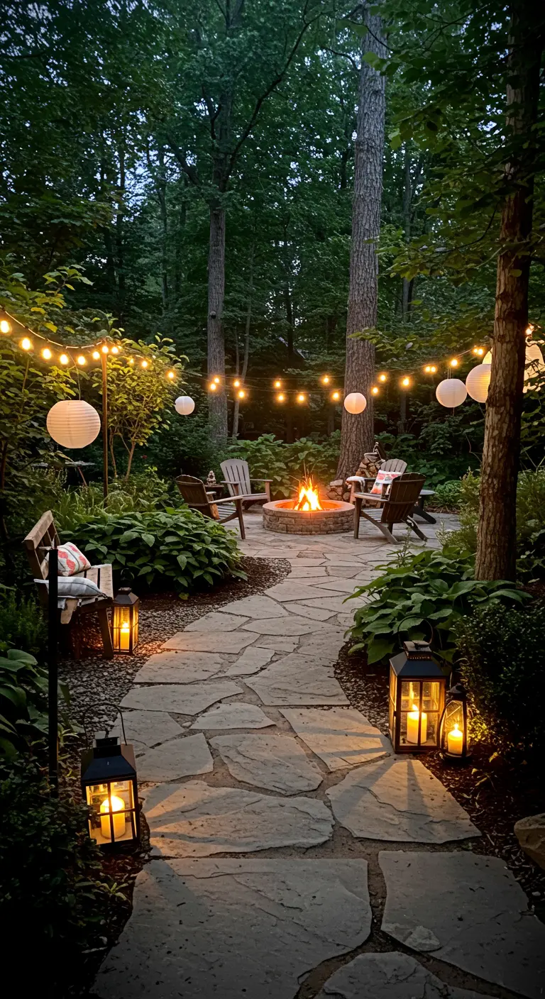Allée de jardin forestier avec foyer central, guirlandes lumineuses, lampions blancs et lanternes au sol.