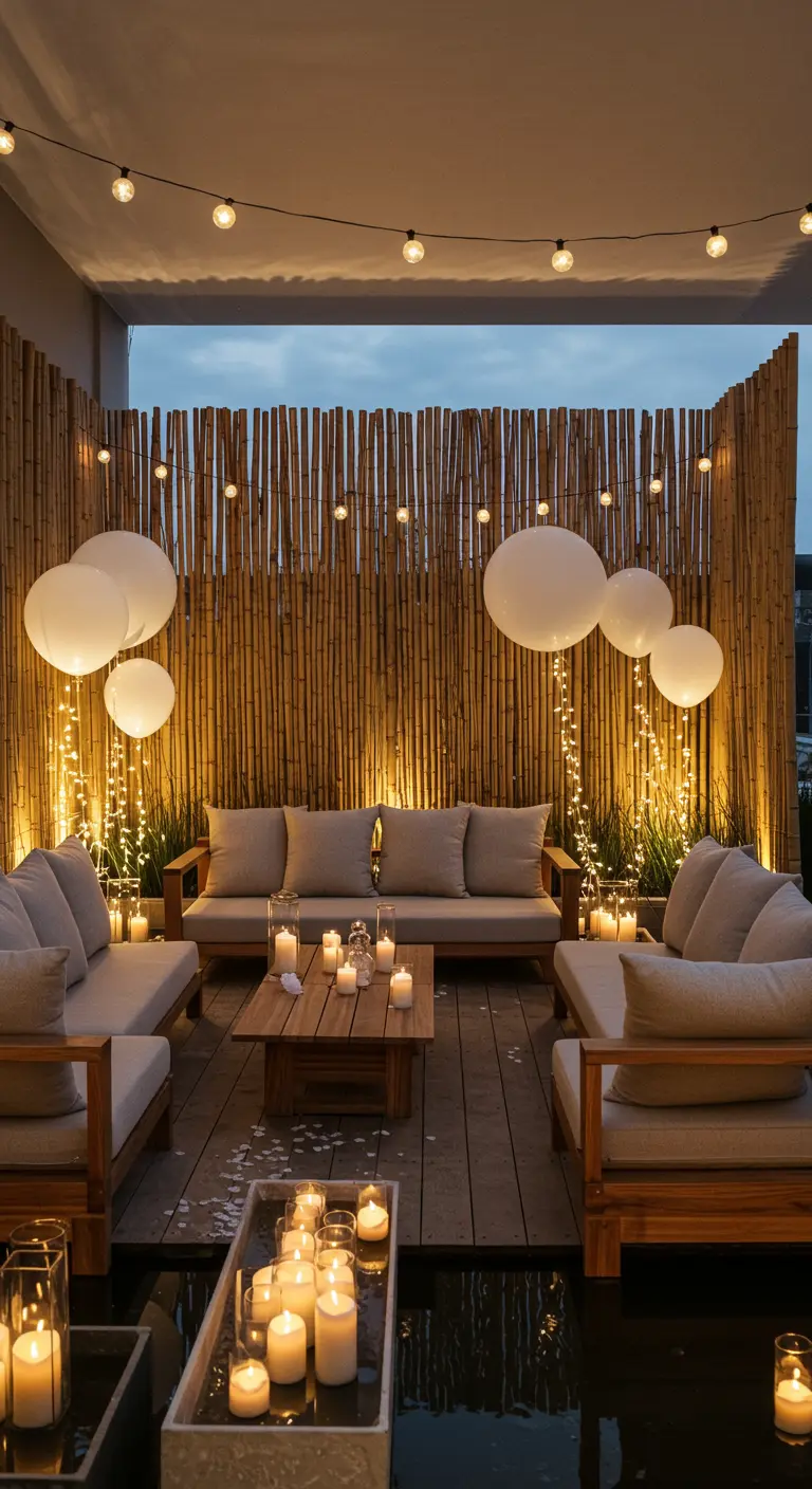 Terrasse lounge zen avec mur en bambou, bougies flottantes et ballons lumineux.
