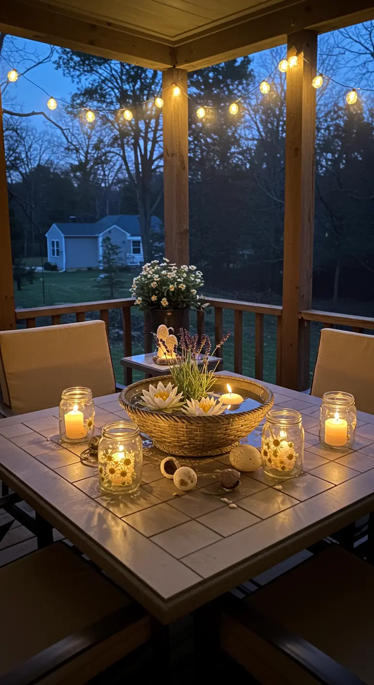 Terrasse éclairée par des guirlandes lumineuses, avec un centre de table flottant et des bocaux lumineux.