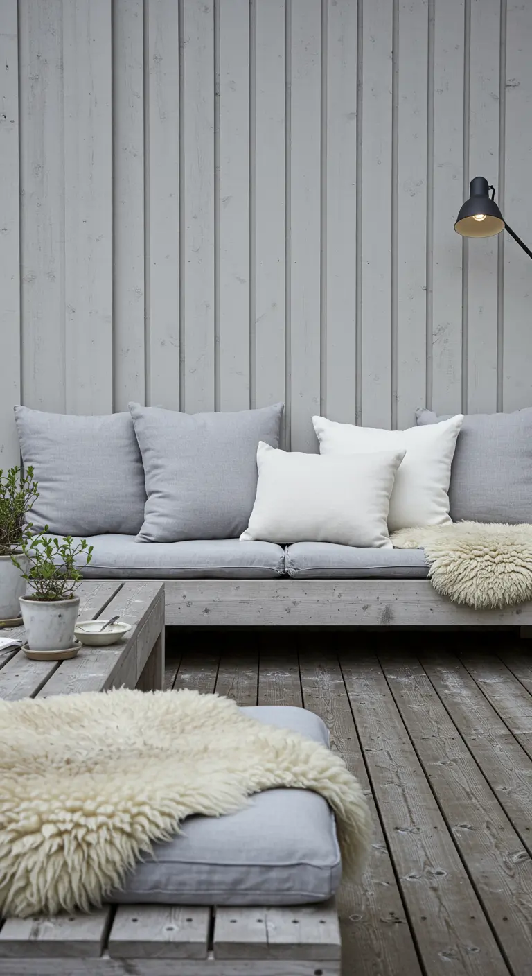 Banquette en bois gris sur terrasse minimaliste, coussins gris et blancs, peau de mouton.