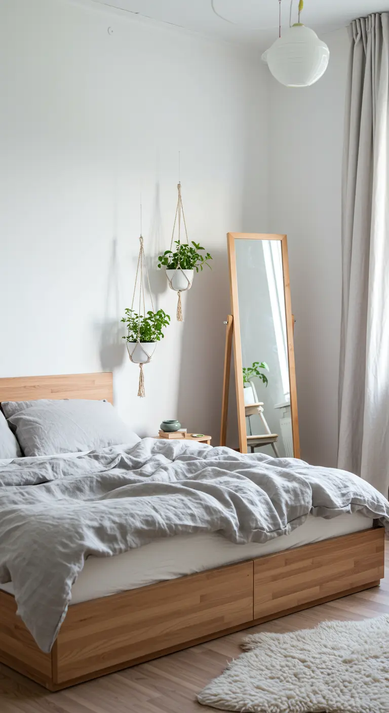 Chambre minimaliste scandinave avec lit en bois, literie grise, miroir sur pied et plantes suspendues.