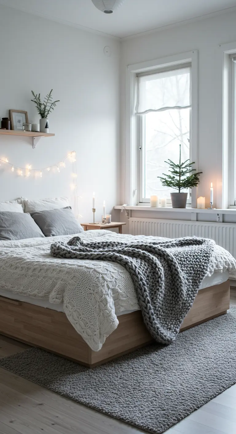 Chambre scandinave blanche et grise avec plaid en grosse maille, bougies et petit sapin.