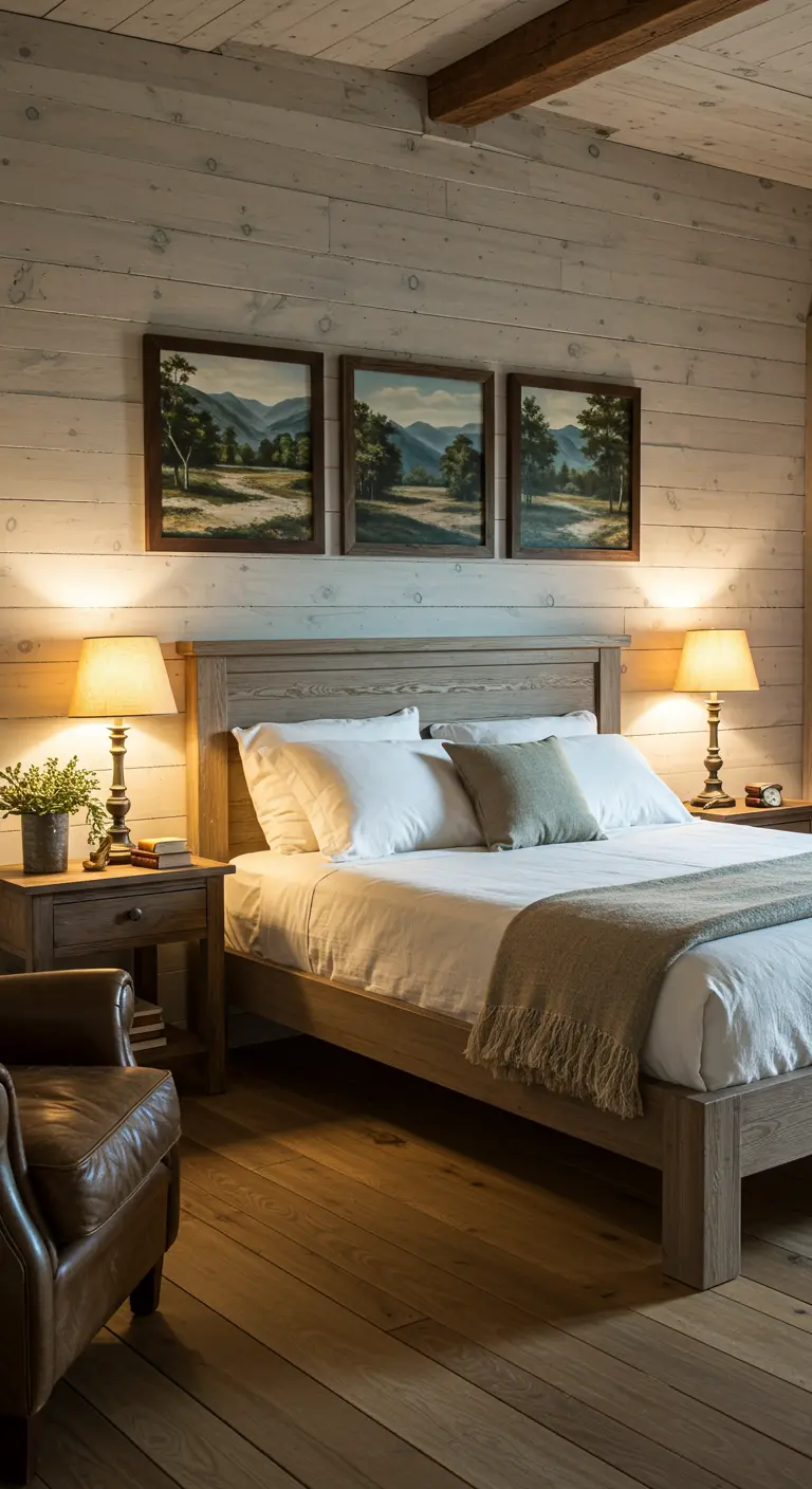 Trois tableaux de paysages de forêt au-dessus d'un lit en bois dans une chambre rustique.