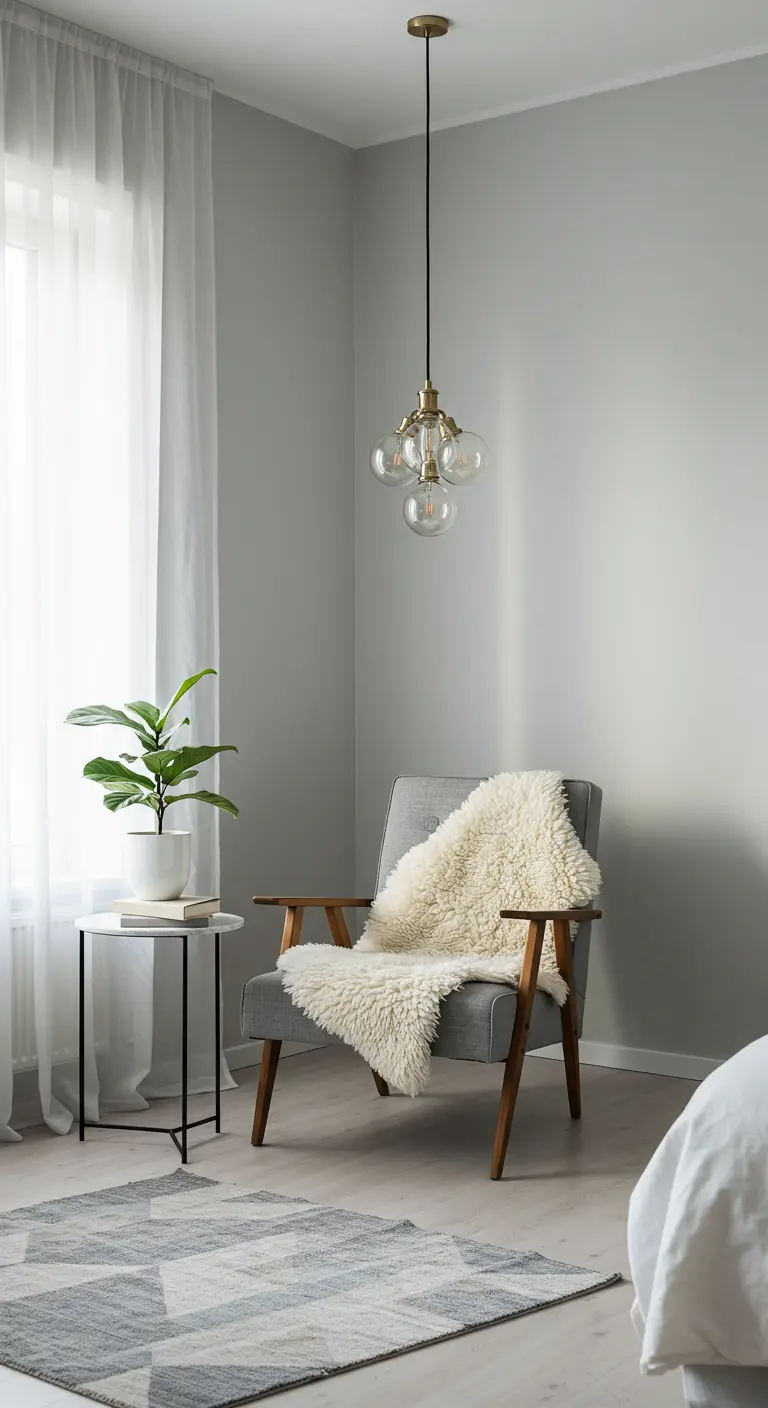Fauteuil gris, peau de mouton, table marbre, plante, luminaire suspendu, tapis géométrique.