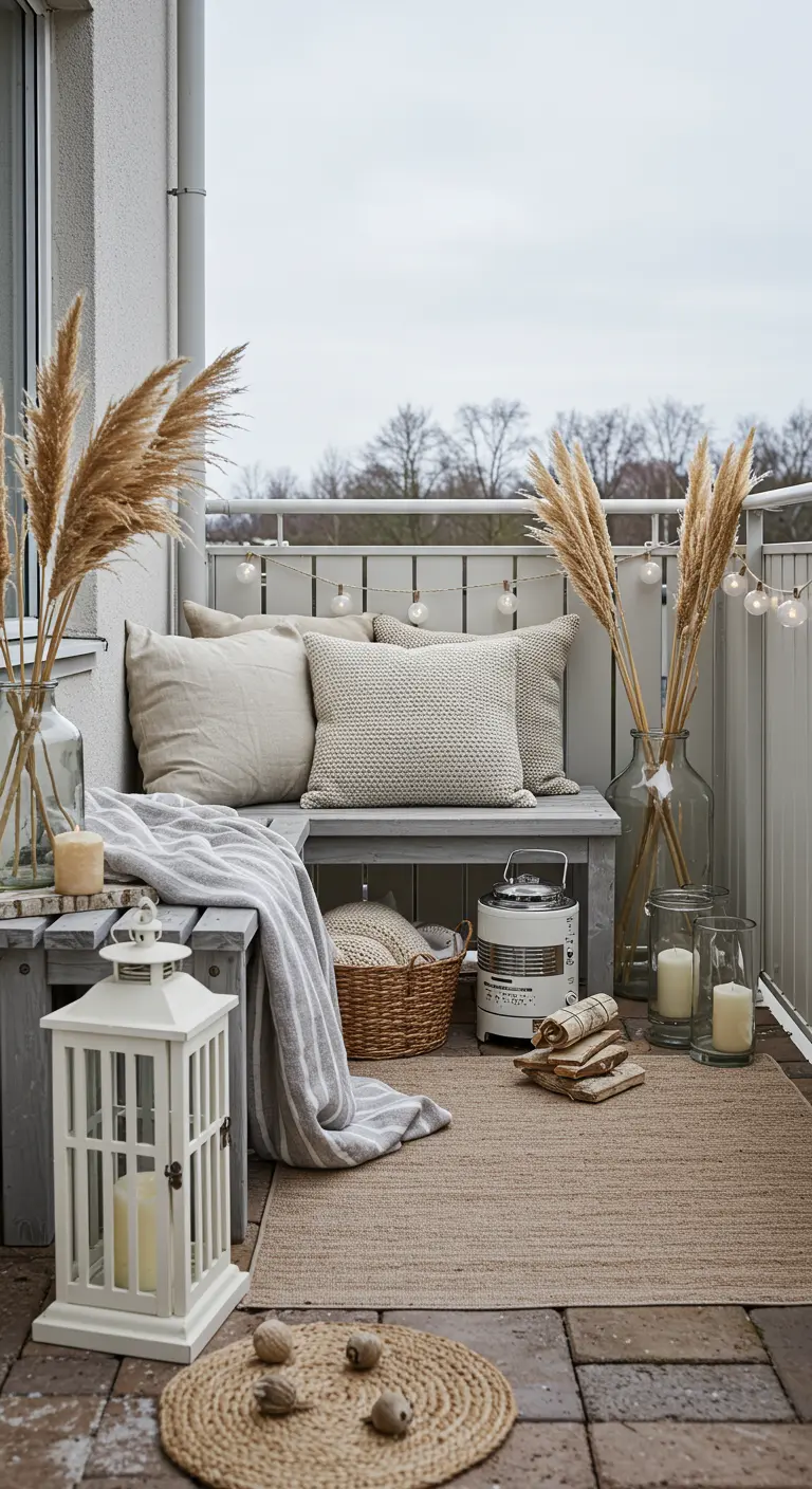 Balcon de style scandinave avec banc, herbe de la pampa et coussins neutres.